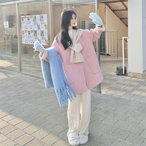 韩式chic粉色双面羊绒大衣女秋冬新款超火好看高级小众毛呢厚外套图片