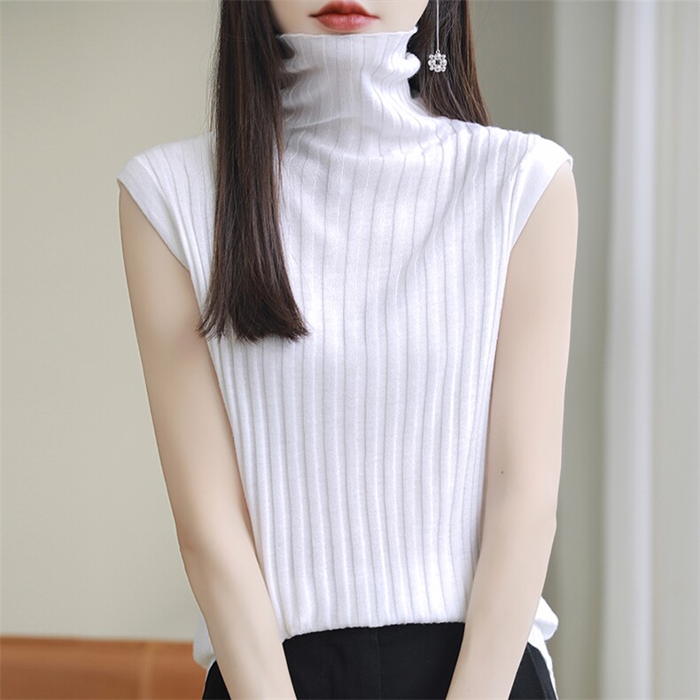 秋冬新款高领无袖背心女抽条堆领针织衫百搭显瘦打底衫,女装背心吊带,朝思羊绒