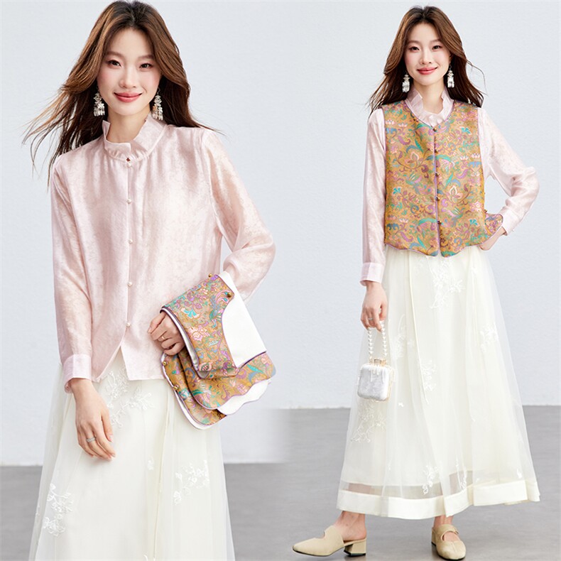 在仓~春夏薄款人丝衬衫马甲两件套宽松纽扣双面穿宋锦提花套装，女装套装/套裙，新依时派