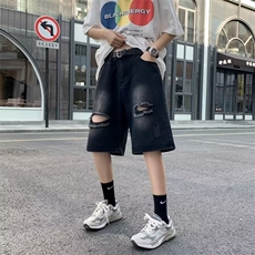破洞牛仔短裤男夏季薄款渐变五分裤潮牌宽松休闲裤子美式高街马裤，男装牛仔裤，星座601-2