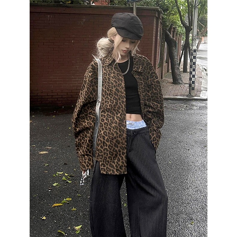 B1018-P56美式复古豹纹牛仔外套男春秋款潮牌高级感痞帅宽松，男装工装外套，电商B323A