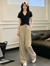欧韩时尚套装女夏新款黑色V领扭结设计短袖上衣弯刀休闲裤两件套，女装套装/套裙，江南