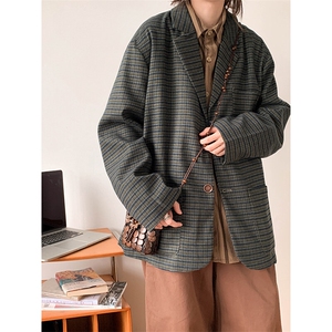 2025新款开春日系复古细格纹西服宽松休闲小西装现货 W8503-P54图片