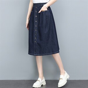 yxls夏季牛仔半身裙2025新品松紧高腰中长款A字裙棉质百搭女半裙图片
