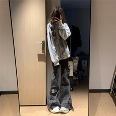 美式复古设计感多口袋牛仔裤女宽松直筒阔腿工装裤子LB51144-P81，男装牛仔裤，星座1008