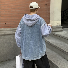 秋装港风长袖卫衣拼接牛仔连帽夹克外套休闲中性风潮H201/P70，男装夹克，电商A221A