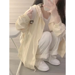 ins简约原宿气质无品牌新款潮流冰丝防晒衣女宽松连帽开衫防晒服图片