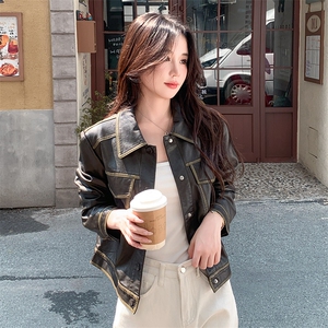 棕色皮衣外套女2025新春新款小个子港风复古皮夹克美拉德机车外套图片