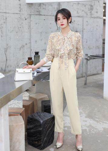 夏季新款韩版鹅黄色提花气质淑女套裤，女装，水锦红