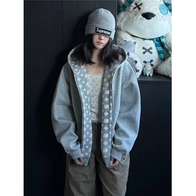 美式重磅空气层拉链开衫连帽卫衣外套男女宽松廓形休闲上衣图片