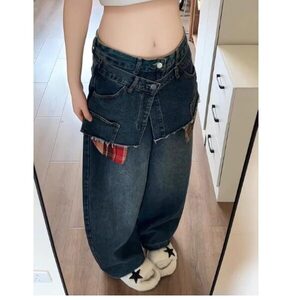 毛边拼接牛仔裤女设计感小众高级感2025新款高腰显瘦宽松阔腿裤潮图片
