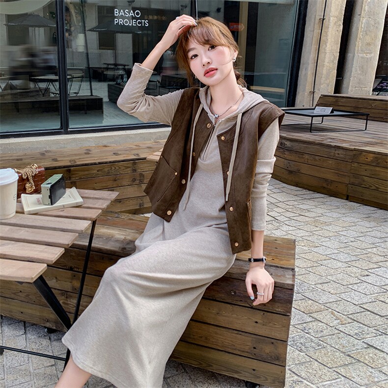 咖色麂皮绒马甲连衣裙两件套女春季2025新款松弛感穿搭连帽卫衣裙,女装套装/套裙,千千佰惠