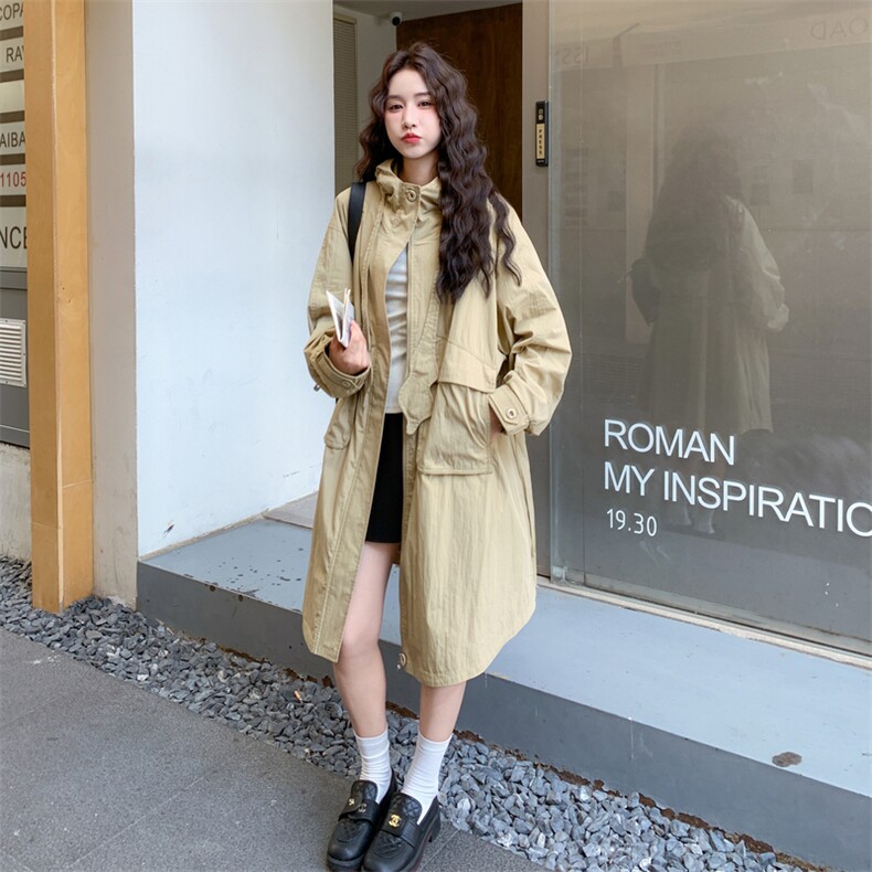 休闲连帽工装卡其色风衣外套女春秋2025新款显瘦巨好看大衣高级感,女装风衣,2C273
