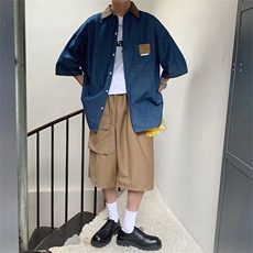 复古牛仔翻领短袖衬衫男女2024夏季新款宽松百搭设计感衬衣~C160，男装衬衫，星座601-2