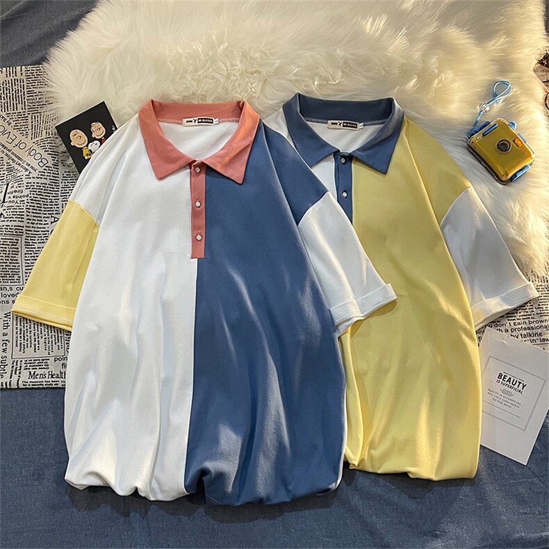 平铺港风休闲百搭拼接撞色polo衫男夏季翻领短袖潮pl101p35限58,男装Polo衫,电商A089-1