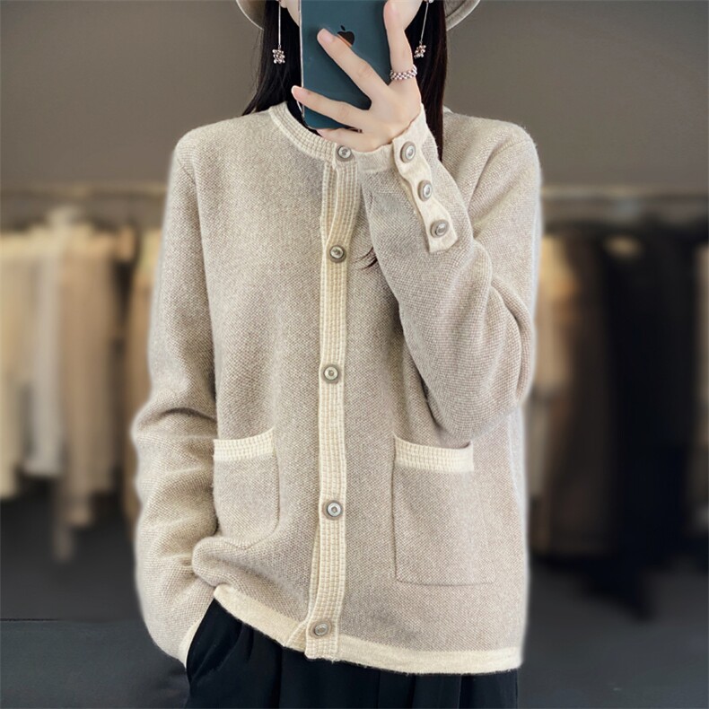 24秋冬新款小香风拼色100%纯羊毛开衫女带兜羊毛衫宽松针织衫外套图片