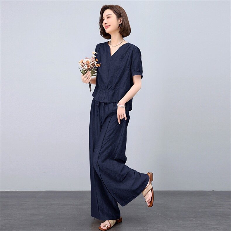 天丝亚麻套装女夏季薄款2026新款妈妈阔腿长裤气质休闲时尚两件套,女装套装/套裙,曼沙奕珂