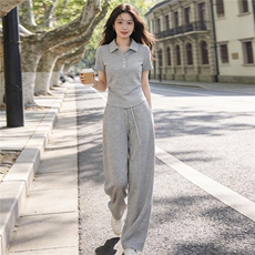 女夏季新款时尚休闲套装修身显瘦翻领纽扣短袖上衣阔腿长裤两件套，女装套装/套裙，江南