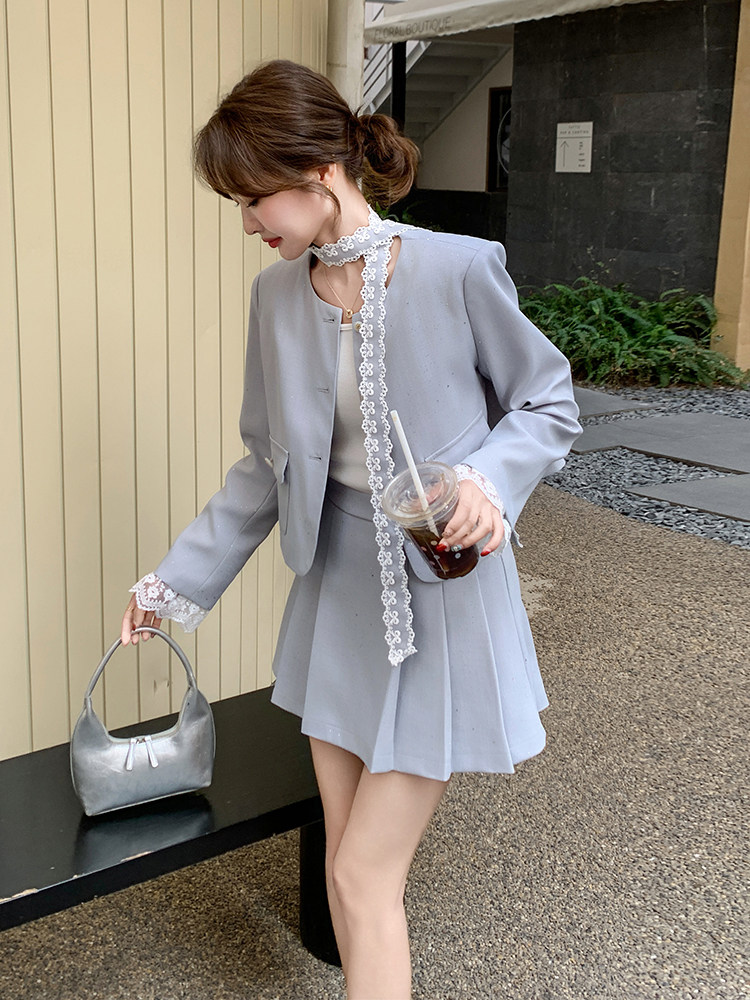 小香风短裙套装女春2025秋季新款超火韩系穿搭时尚气质西装百褶裙,女装套装/套裙,霓裳依族