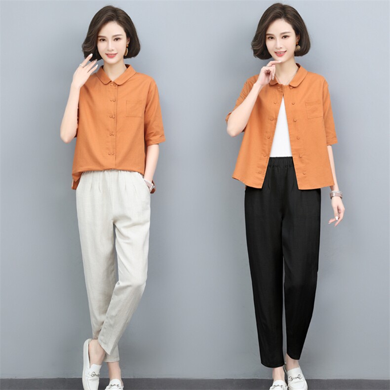 夏季套装2024新款女士休闲棉麻上衣小脚裤宽松薄款透气时尚两件套，女装套装/套裙，璐依舞
