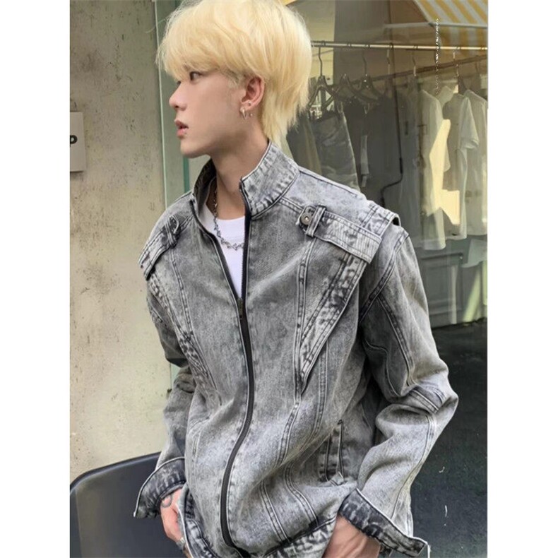 DY2311-P78美式复古机车重工水洗拼接春秋男女牛仔夹克-网图大货图片