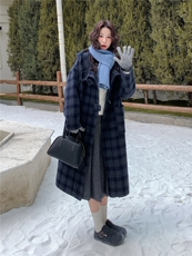 深蓝色复古格纹双面呢连帽大衣女2025冬学院风宽松休闲中长款外套，女装毛呢外套，慧尚依恋