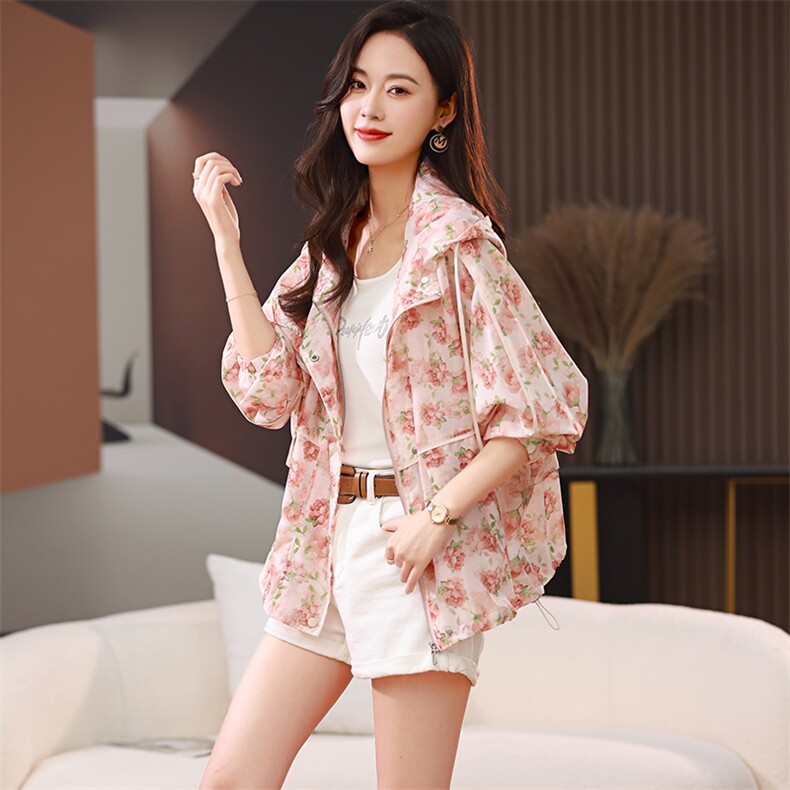 欧货连帽印花短外套女2025年夏季新款薄款透气夹克防晒衣休闲上衣,女装防晒衣,梦芯尔