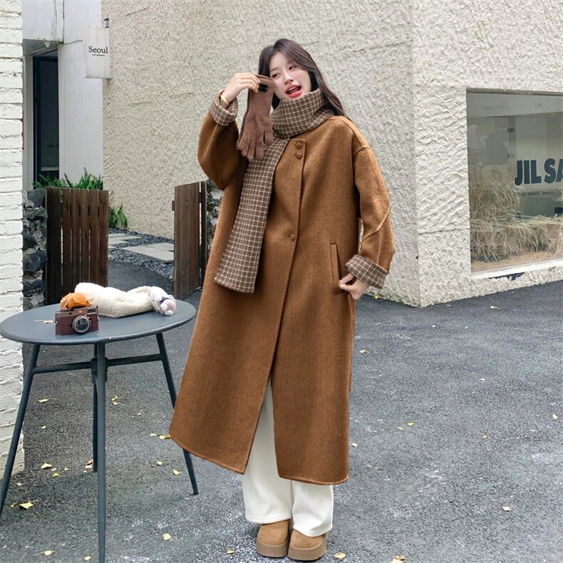 韩系圆领长款双面羊绒大衣女25冬新款宽松显瘦百搭外套潮,女装羊绒大衣,2D076