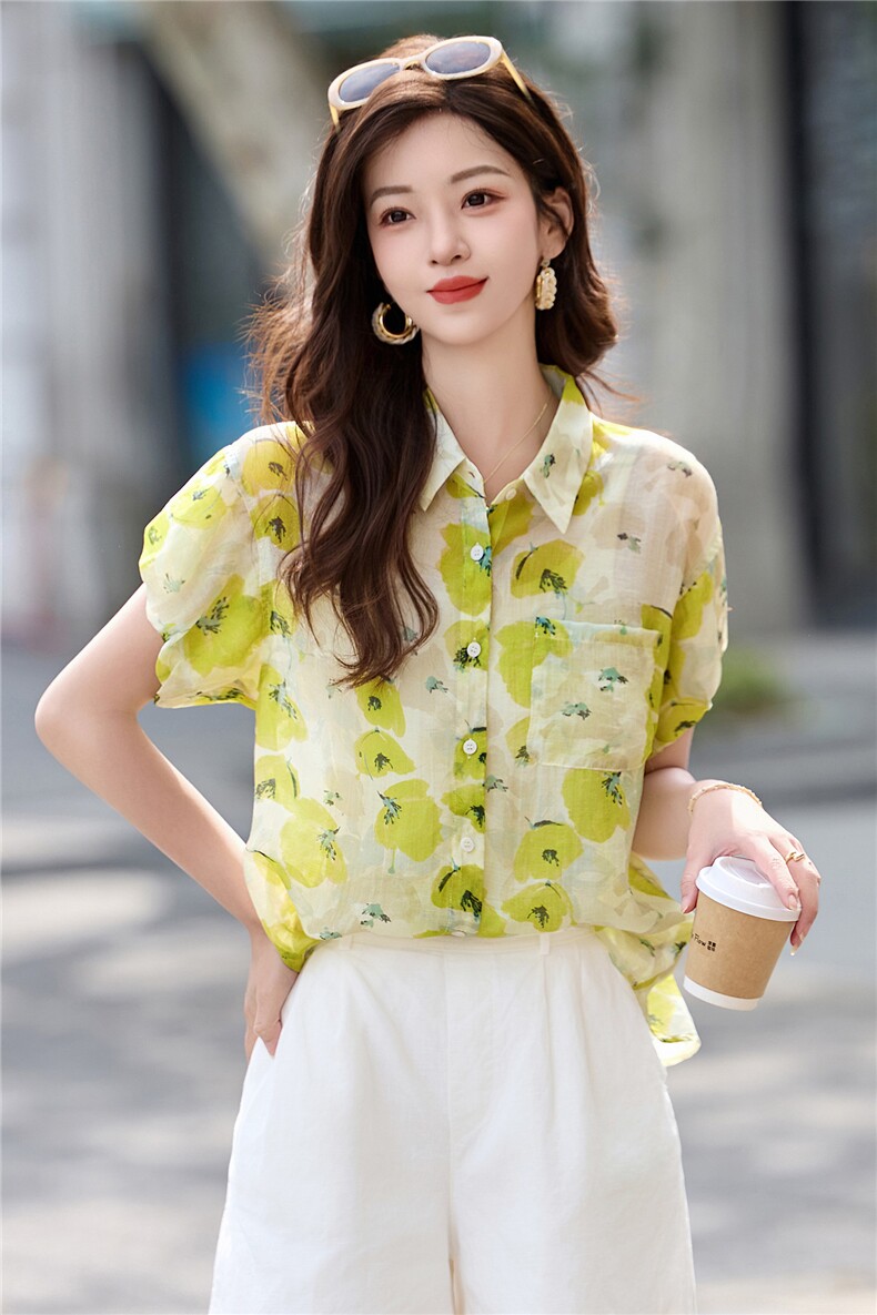 2026年夏季女休闲风短袖花衬衫,女装衬衫,艾尚靓装