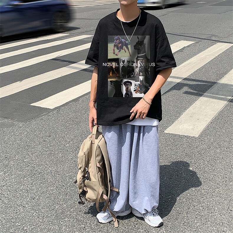 中性夏季潮流韩版帅气杜宾印花宽松情侣短袖T恤T32P25控38,男装T恤,A247A