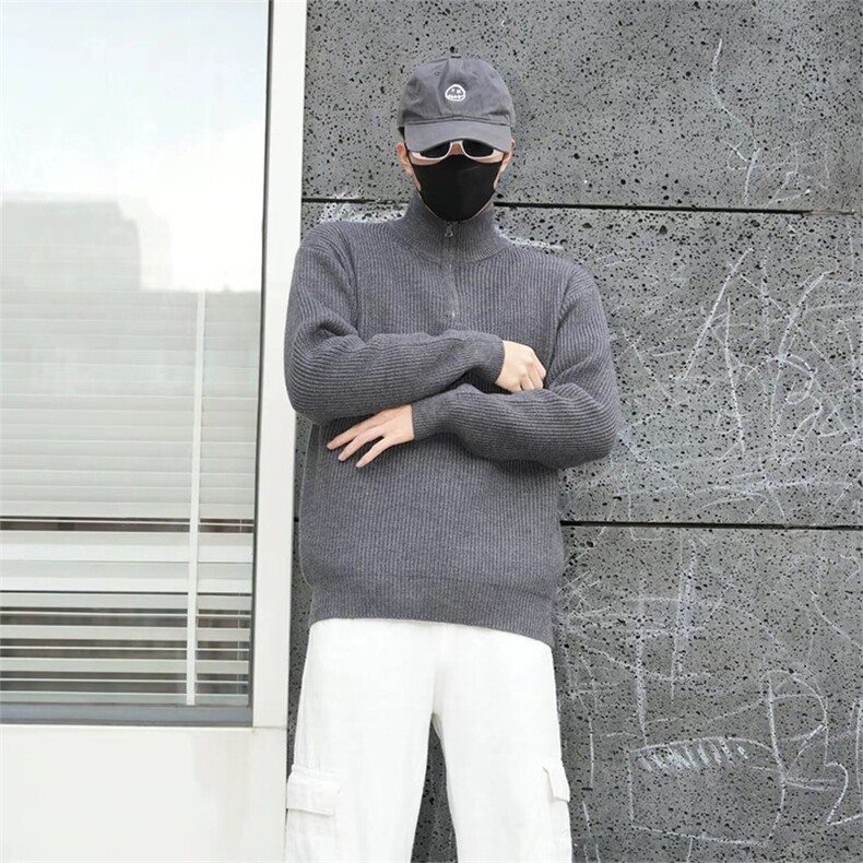 抖音得物 保暖立领拉链针织外套秋冬宽松慵懒风纯色毛衣上衣AM01图片