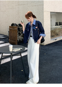 气质高级感短夹克深蓝色假两件衬衫领小香风外套女秋，女装短外套，浙宝238