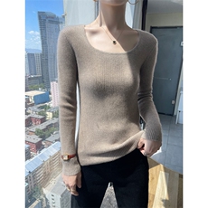 紧身U领100纯羊毛衫女修身套头灰色内搭毛衣秋冬高档显瘦针织打底，女装羊毛衫，百越羊绒