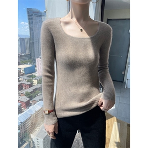紧身U领100纯羊毛衫女修身套头灰色内搭毛衣秋冬高档显瘦针织打底图片