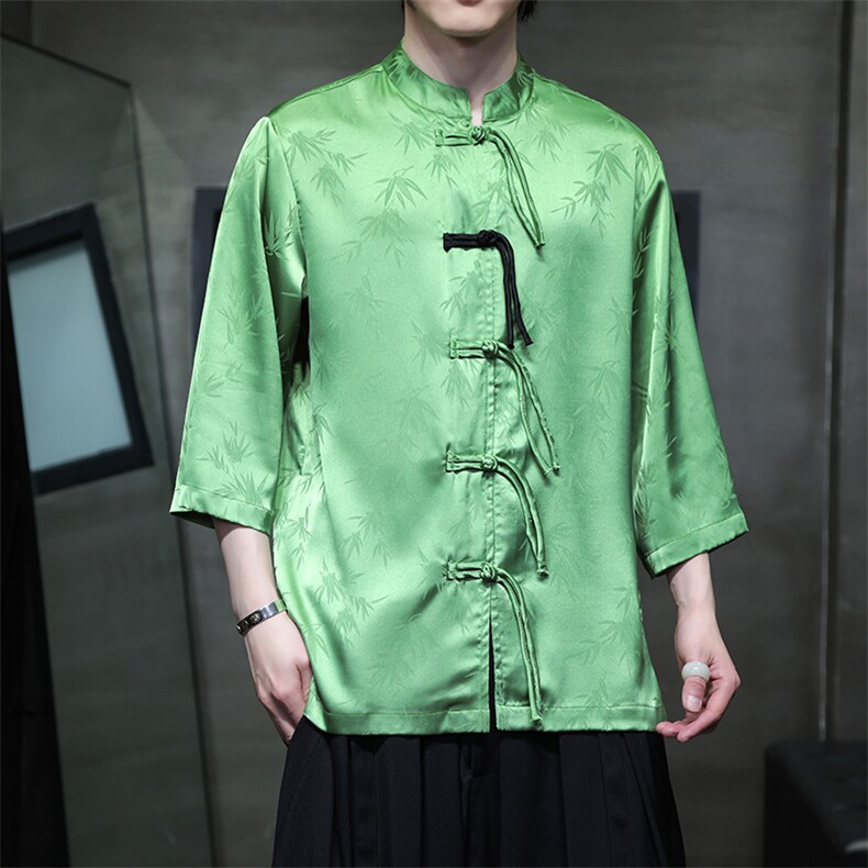 2024风提花复古新中式七分袖盘扣衬衫T2801-P65,男装衬衫,电商A021