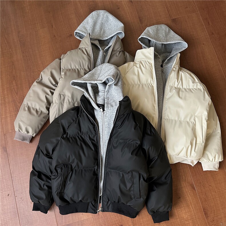 PU皮假两件连帽宽松棉衣男女保暖短款潮流冬季加厚棉服D513特P105图片