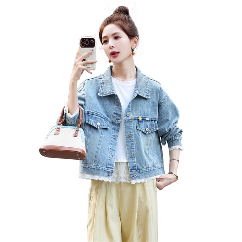 韩系蕾丝拼接下摆牛仔外套女春季2025新款宽松休闲设计感夹克上衣,女装短外套,星宇服饰