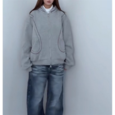 2025秋冬撞色辑明线连帽卫衣男士复古廓形百搭休闲开衫拉链外套潮，女装短外套，星座601-1