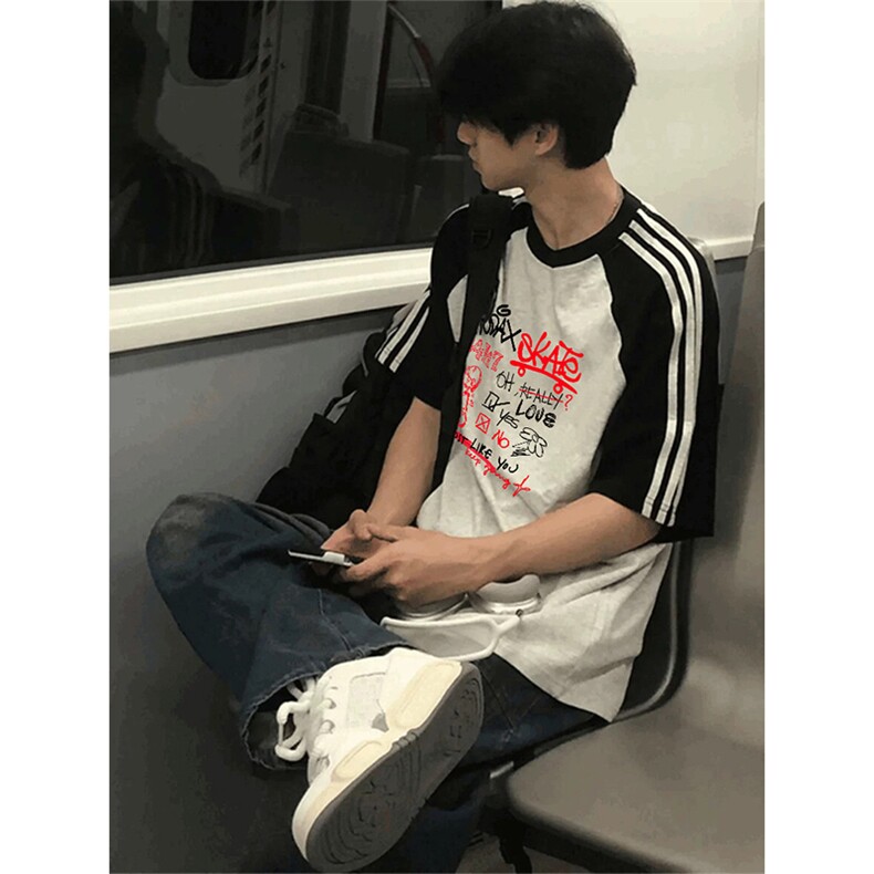 抖音得物品质二开240克宽松纯棉美式潮牌插肩三杠织带短袖T恤，男装T恤，电商A486