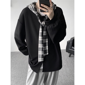 WY10143-特p49 控88 设计感高质感大帽子连帽格子撞色大码卫衣男图片