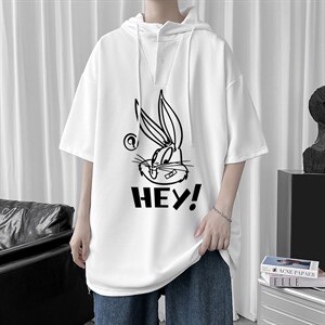 LD54179-P45 连帽短袖t恤男大码胖子带帽五分袖中袖图片