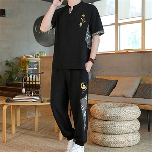 风男装夏季冰丝弹力短袖开衫套装男汉服套装图片
