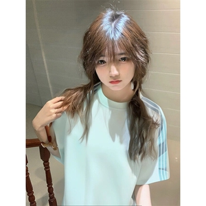 抖音得物品质二开240克宽松纯棉美式潮牌印花三条杠中性风短袖T恤图片