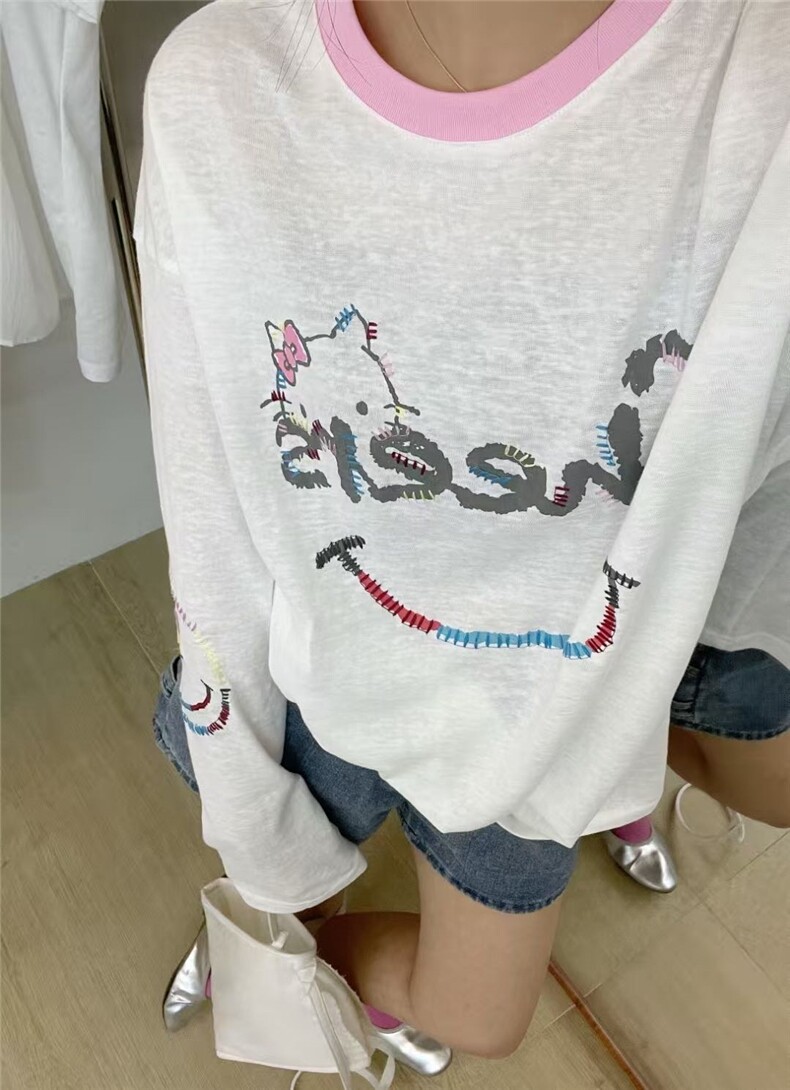 2025重工刺绣Kitty笑脸防晒麻感棉T,女装T恤,湘姗