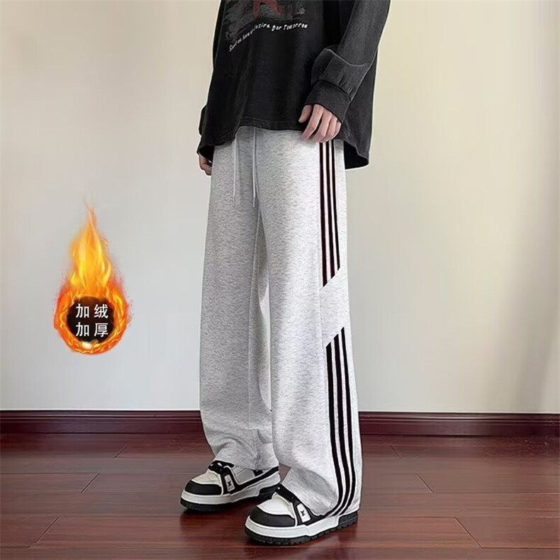 三条杠运动裤男2025秋冬新款高腰休闲直筒冬季加绒加厚美式阔腿裤，女装休闲裤，星座506A