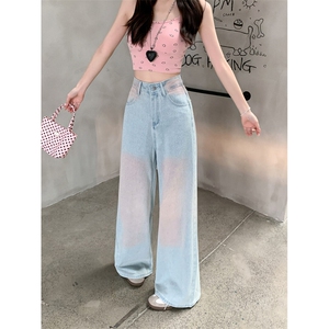 AK2219-P70美式复古烫钻牛仔裤女新款街头晕染宽松阔腿长裤图片