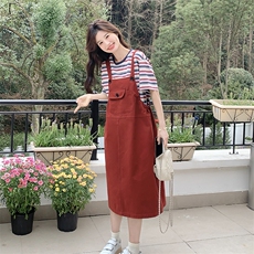红色背带连衣裙套装女2025夏季新款小个子洋气减龄条纹T恤两件套，女装套装/套裙，浙宝276（原081）