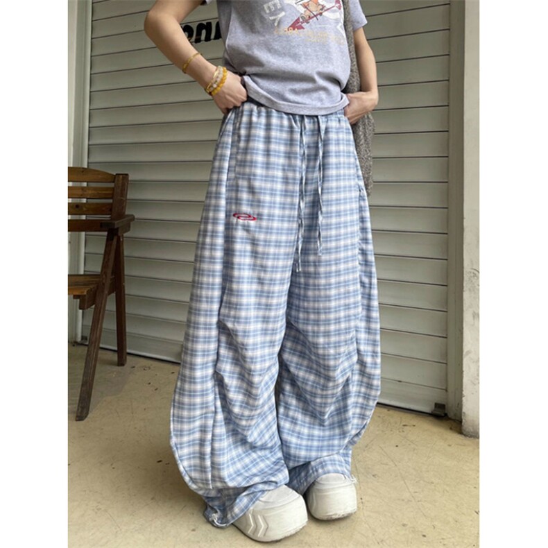 美式复古蓝色弯刀格子裤女宽松慵懒垂坠感阔腿休闲裤K1099,男装休闲裤,星座1116A（原606A-3）