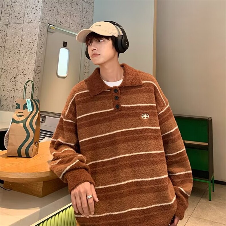 秋冬季新款条纹长袖polo衫男士潮流宽松百搭休闲毛衣外套M257/P60,男装针织衫/毛衣,星座506