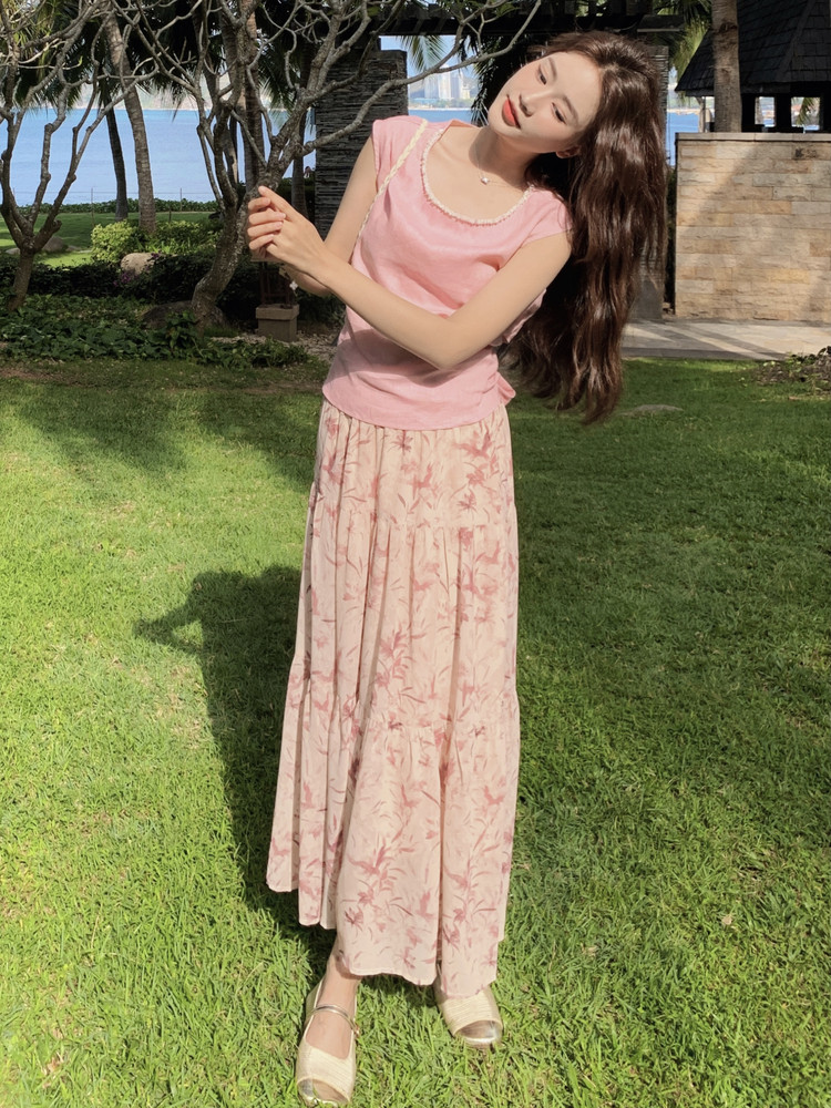 粉色上衣碎花半身裙套装女2025夏季新款氛围感穿搭超仙减龄两件套,女装套装/套裙,慧尚2-185